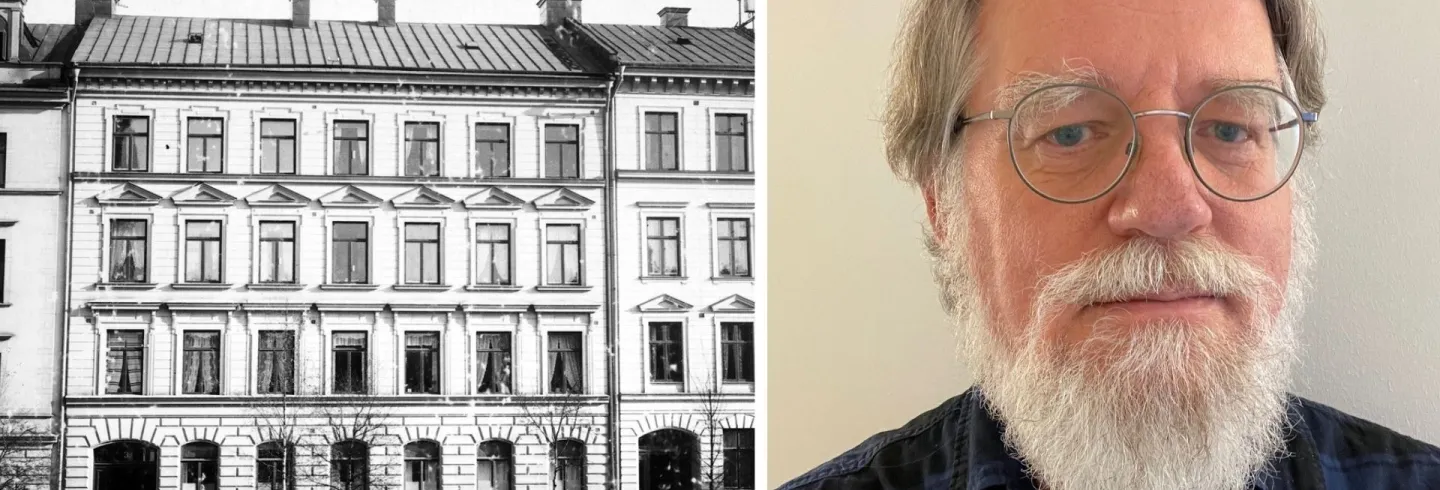 Fotografi t.v. på byggnaden där synagogan i Sundsvall låg. Foto: Sundsvalls museum. Fotografi t.h. Per Hammarström. Föreläsning "När judarna kom till Norrland"