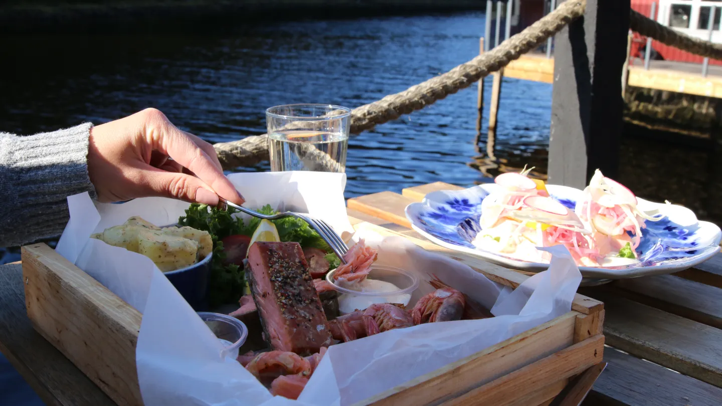 en person som äter lax på en havsnära restaurnang